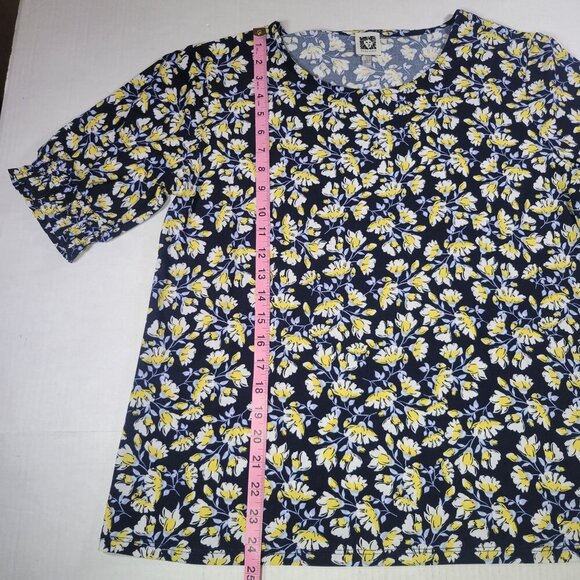 Anne Klein Women Dark Floral Navy/Yellow Short Sleeve Lightweight Top Size L - Picture 6 of 8
